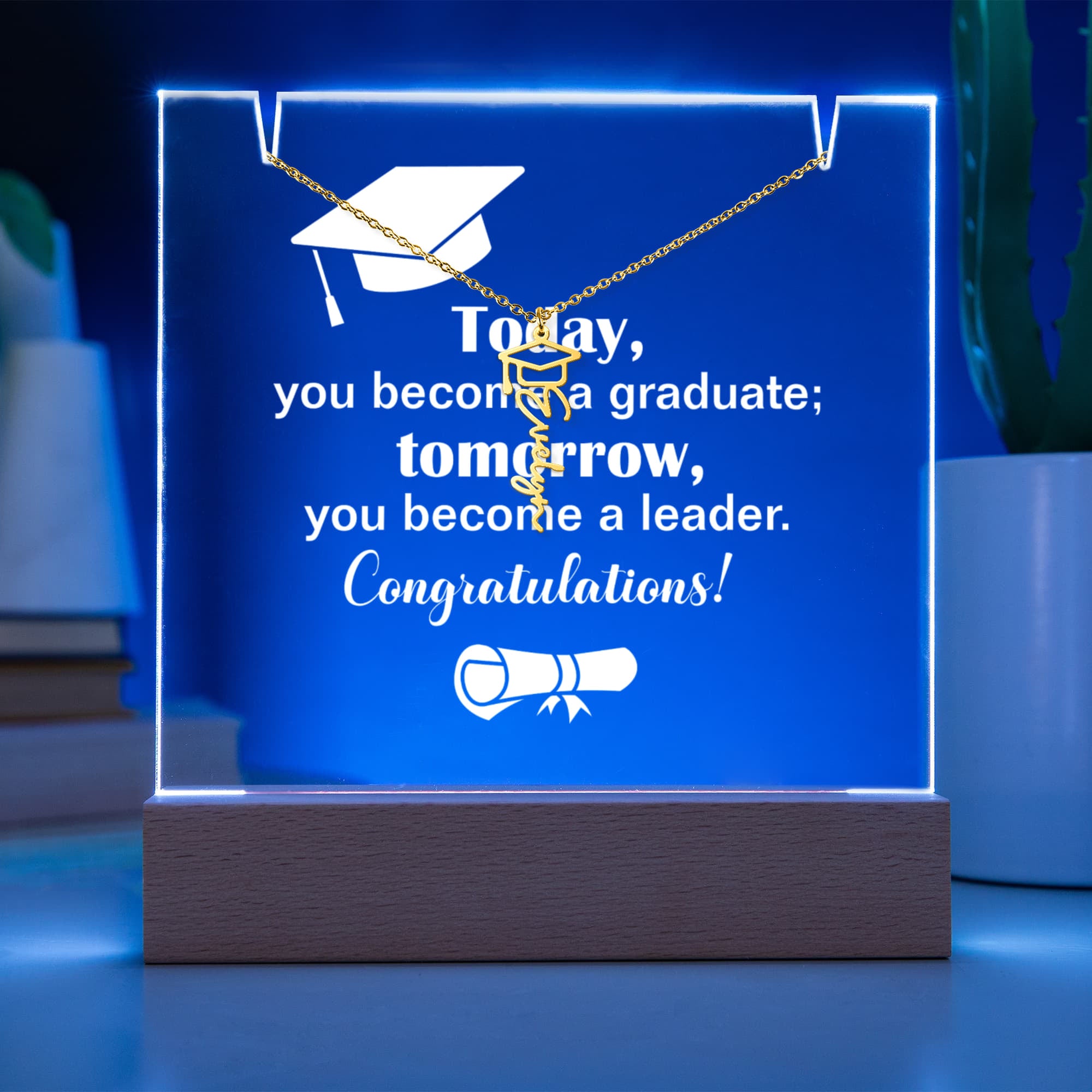 Today a Graduate Tomorrow a Leader Keepsake Acrylic & Graduation Cap Name Necklace Bundle