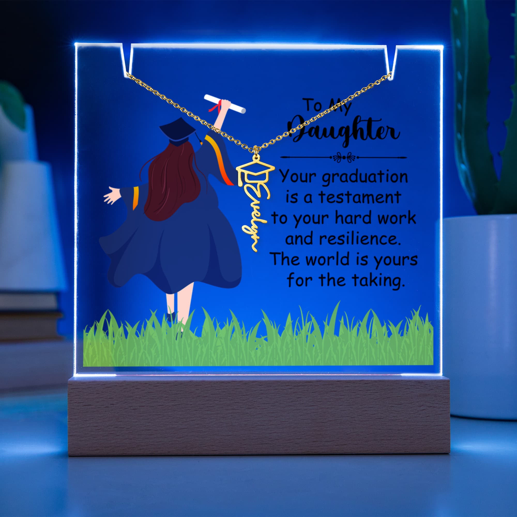 Daughter Hard Work & Resilience Graduation Keepsake & Name Necklace Bundle