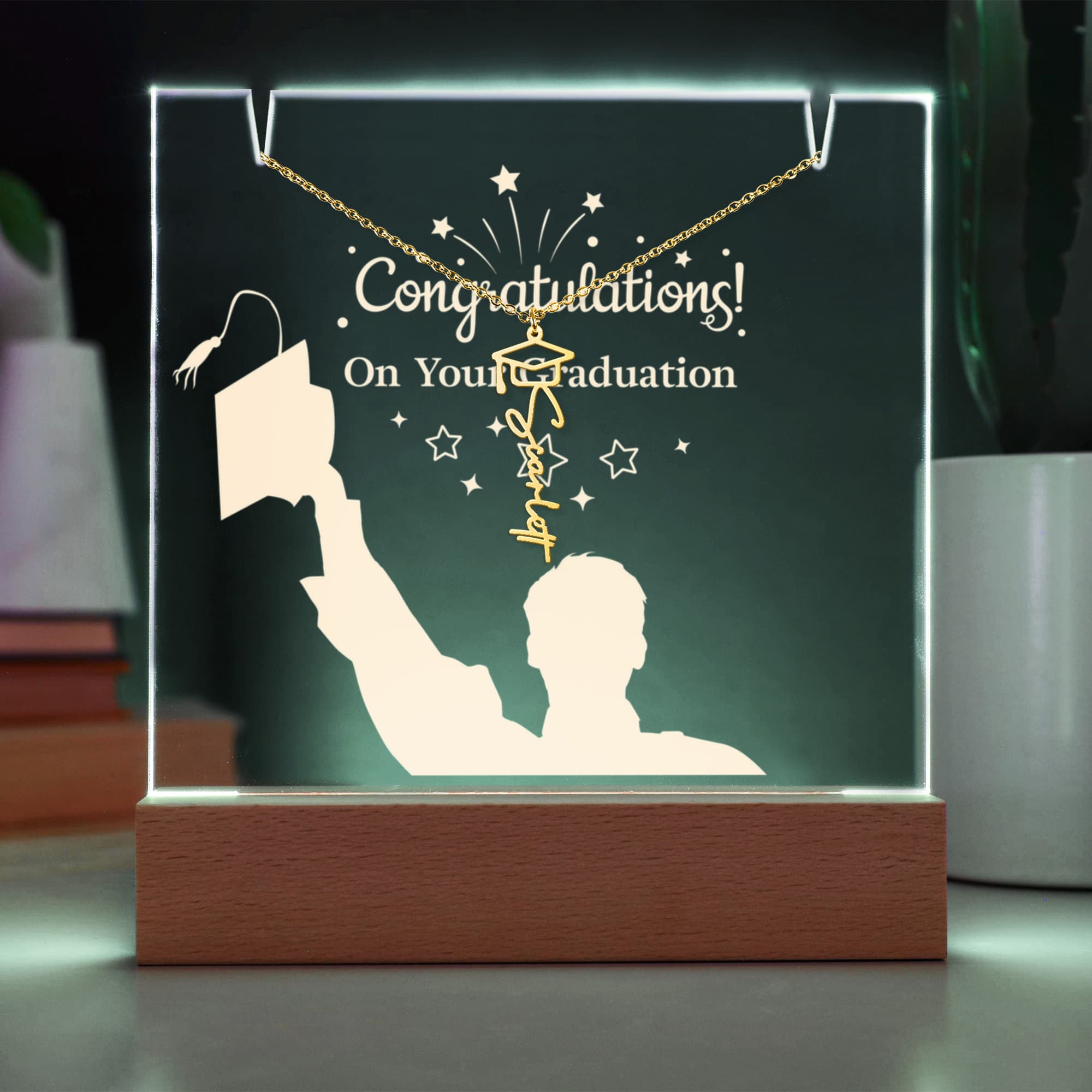 Congratulations on Your Graduation Keepsake Acrylic & Graduation Cap Name Necklace Bundle