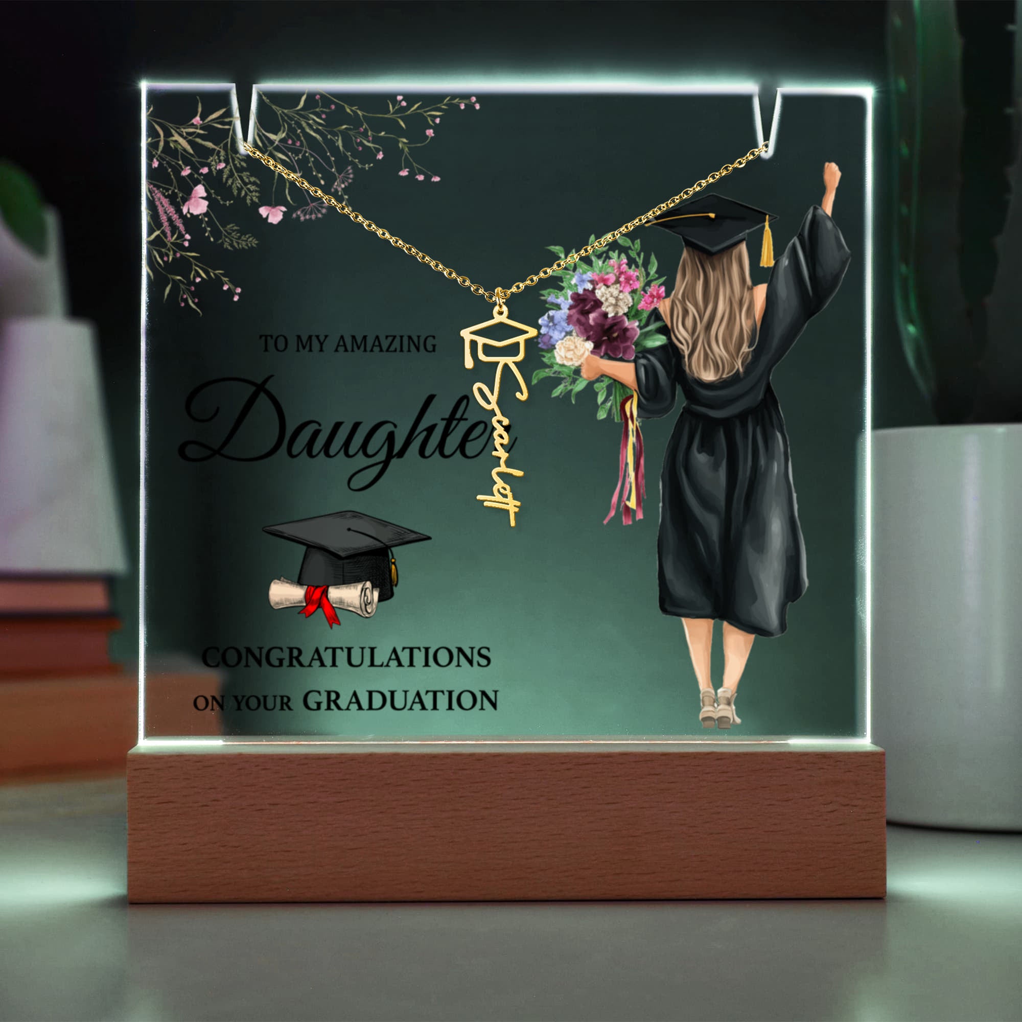 Amazing Daughter Graduation Keepsake Acrylic & Graduation Cap Name Necklace Bundle