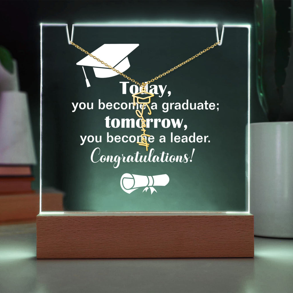 Today a Graduate Tomorrow a Leader Keepsake Acrylic & Graduation Cap Name Necklace Bundle