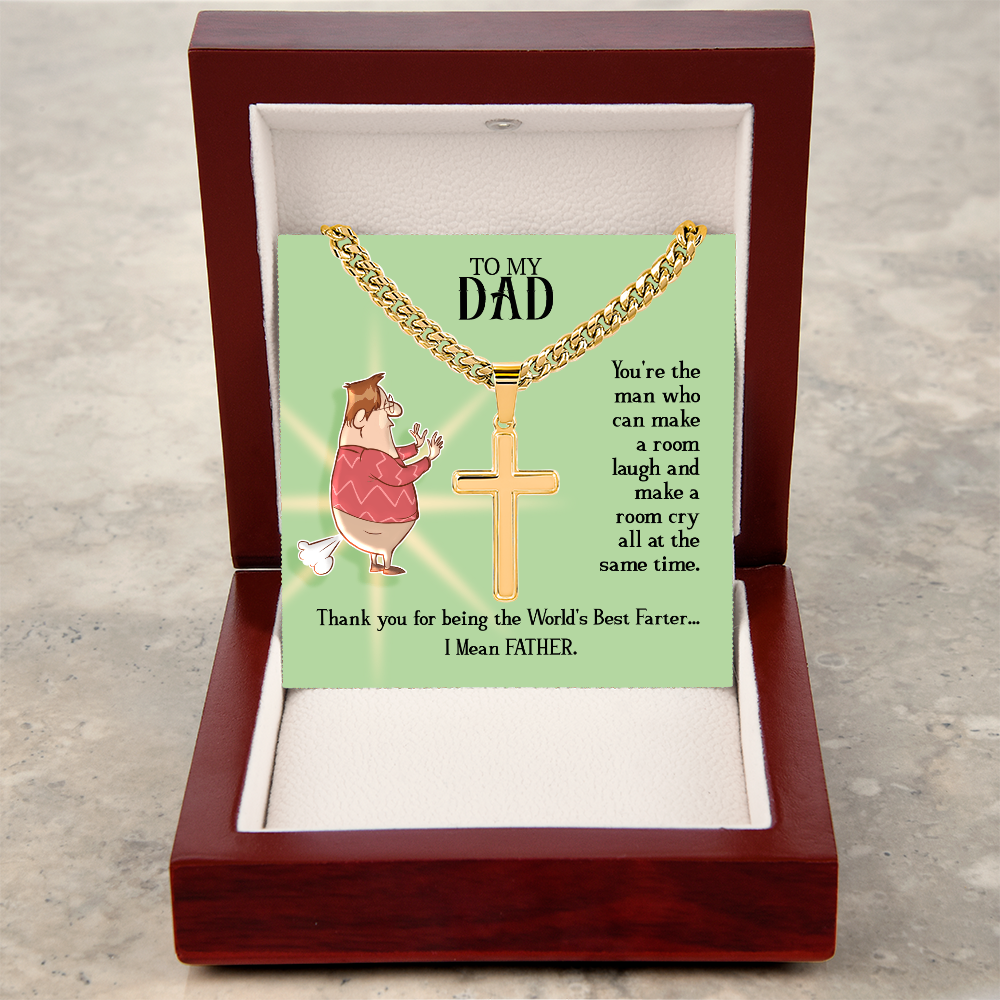 World's Best Farter I Mean Father Artisan Cross Cuban Link Chain