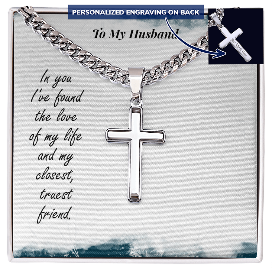 To My Husband Personalised Cross with Cuban Link Chain