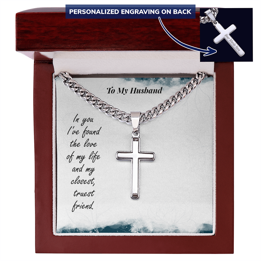 To My Husband Personalised Cross with Cuban Link Chain