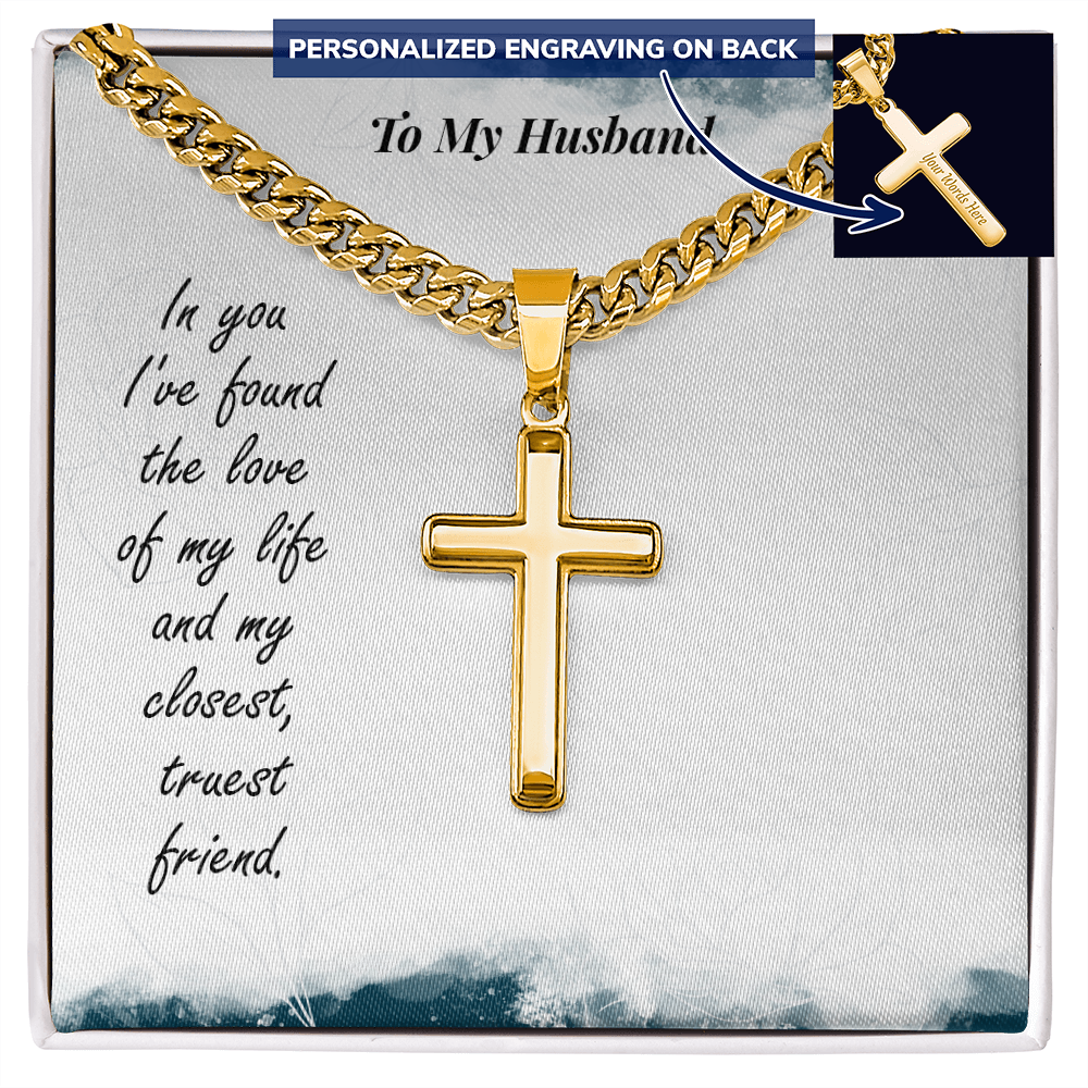 To My Husband Personalised Cross with Cuban Link Chain