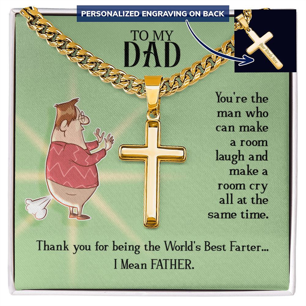 World's Best Farter I Mean Father Personalised Cross Cuban Link Chain