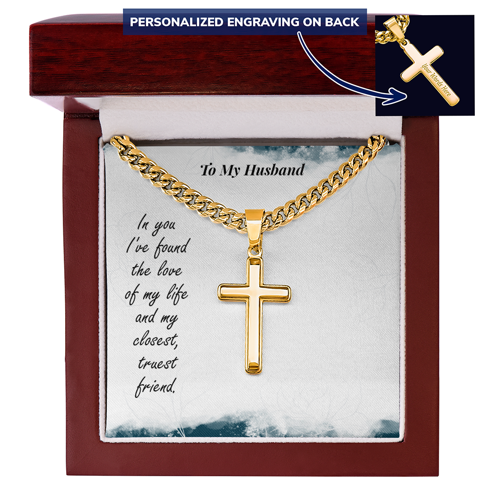 To My Husband Personalised Cross with Cuban Link Chain