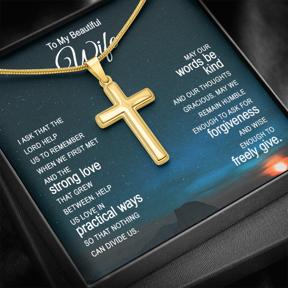 To My Beautiful Wife Artisan Cross Necklace - Snake Chain