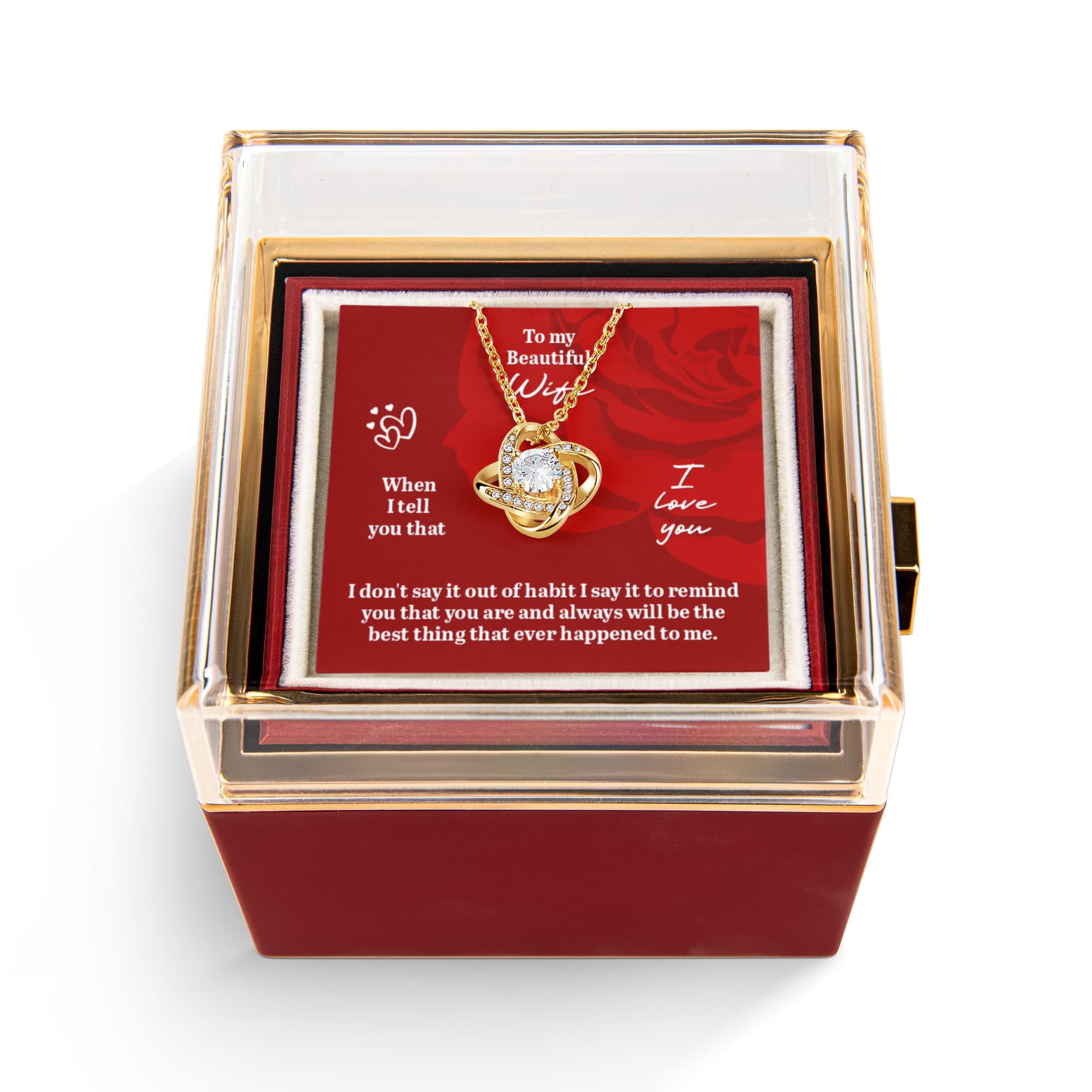 To My Beautiful Wife Love Knot Necklace with Rotating Rose Gift Box
