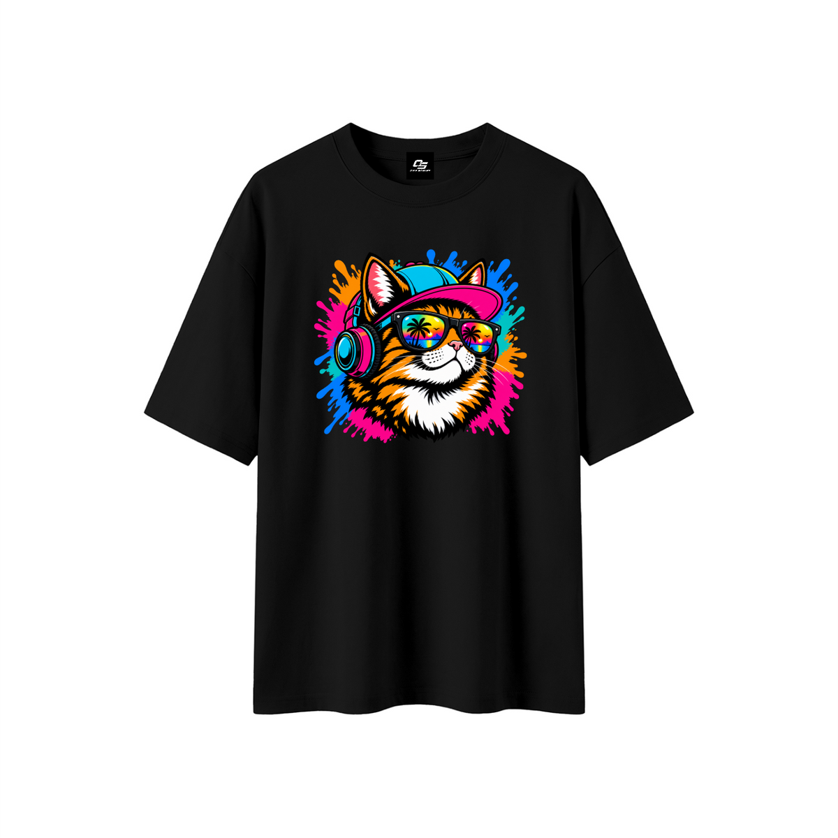 Cool Cat Sunset Headphones Unisex Boxy Oversized T-Shirt
