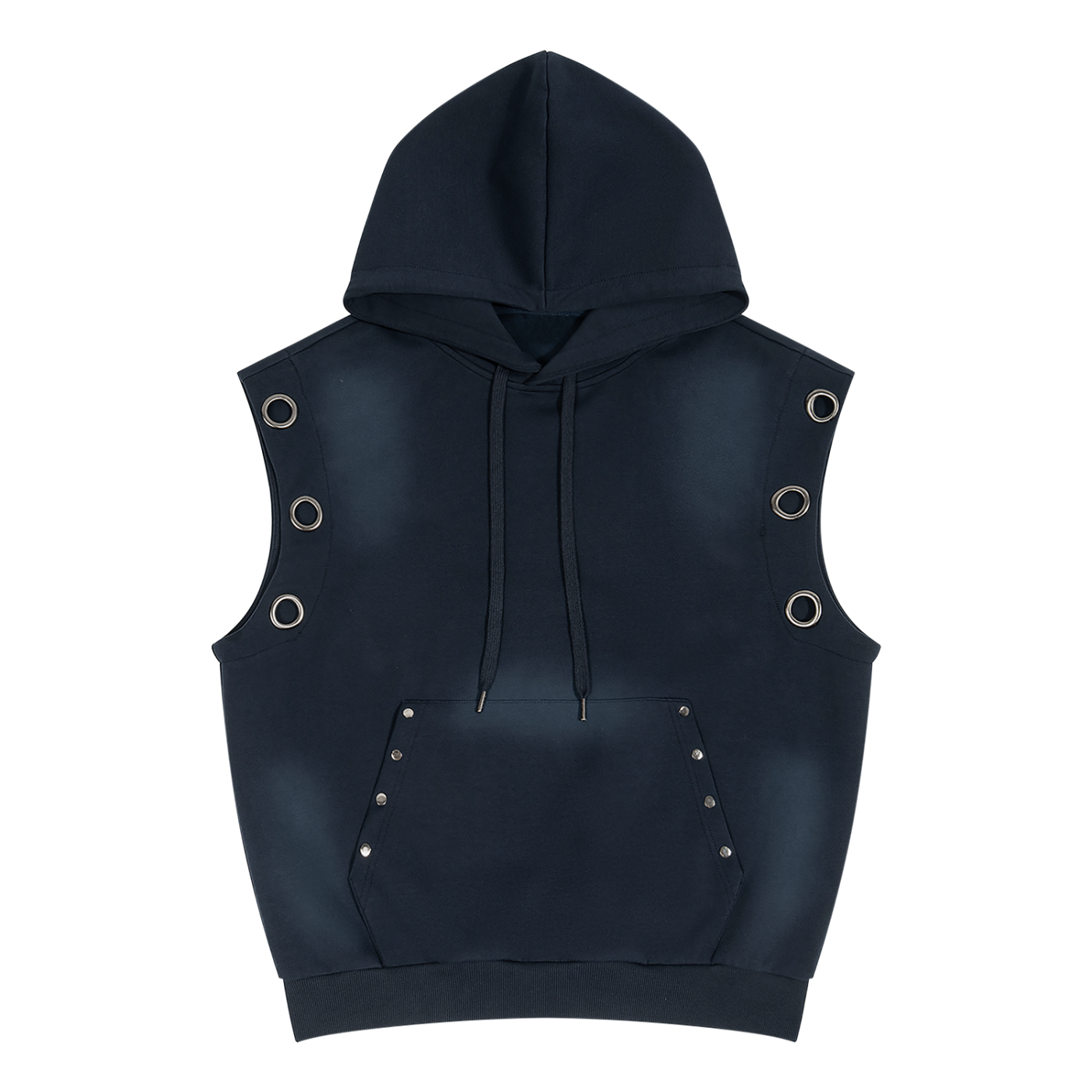 Vintage-Wash Sun-Fade Sleeveless Hoodie in Navy Blue — front view