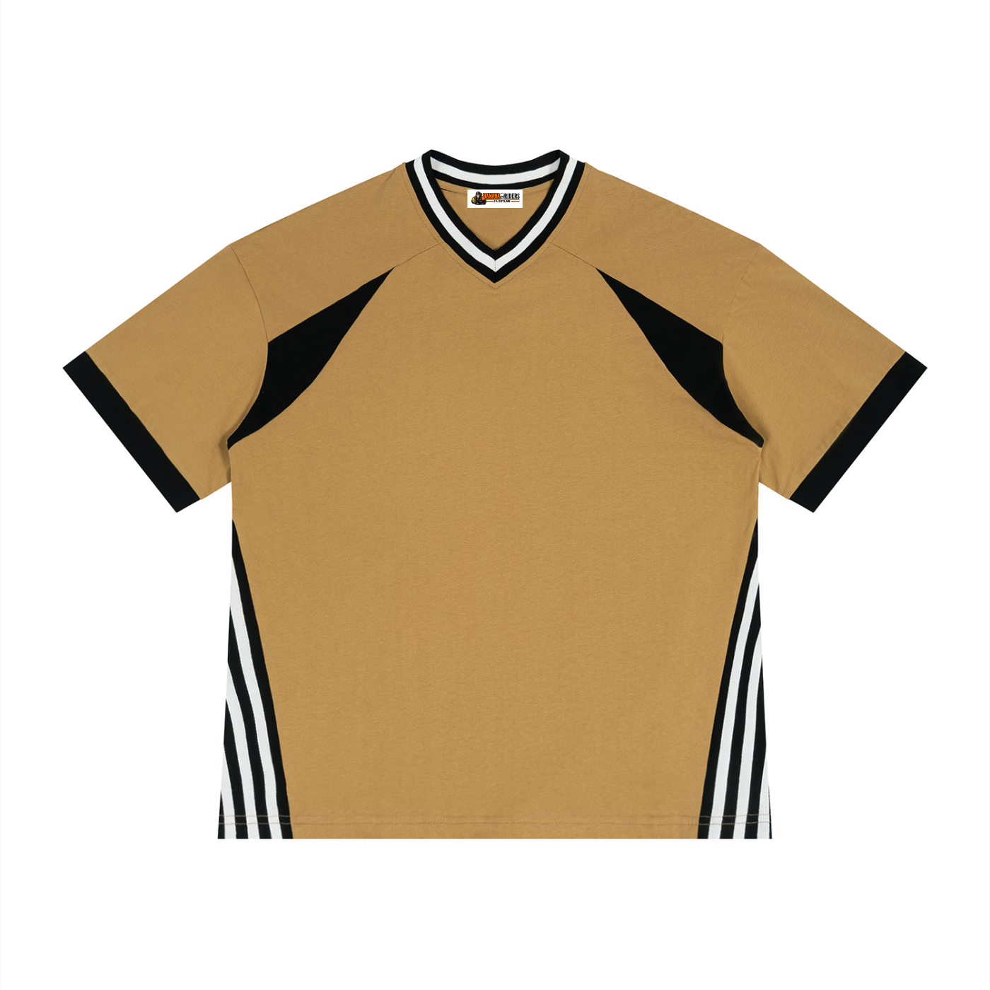 Unisex Colour Block V-Neck T-Shirt in Khaki — front view