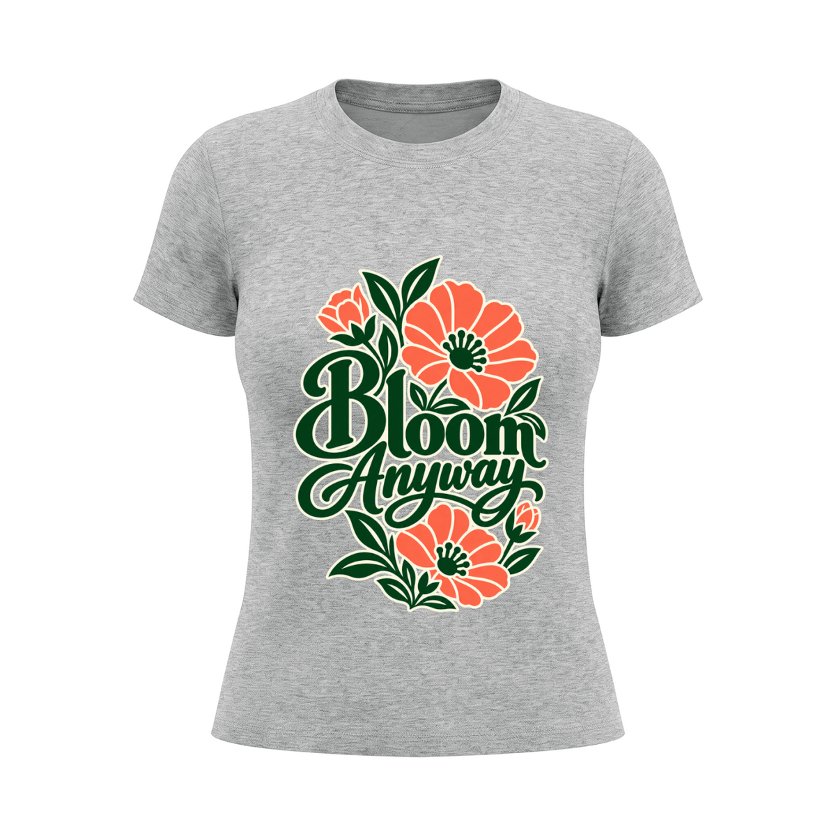 Bloom Anyway women's graphic T-shirt in Flower Grey – front mockup