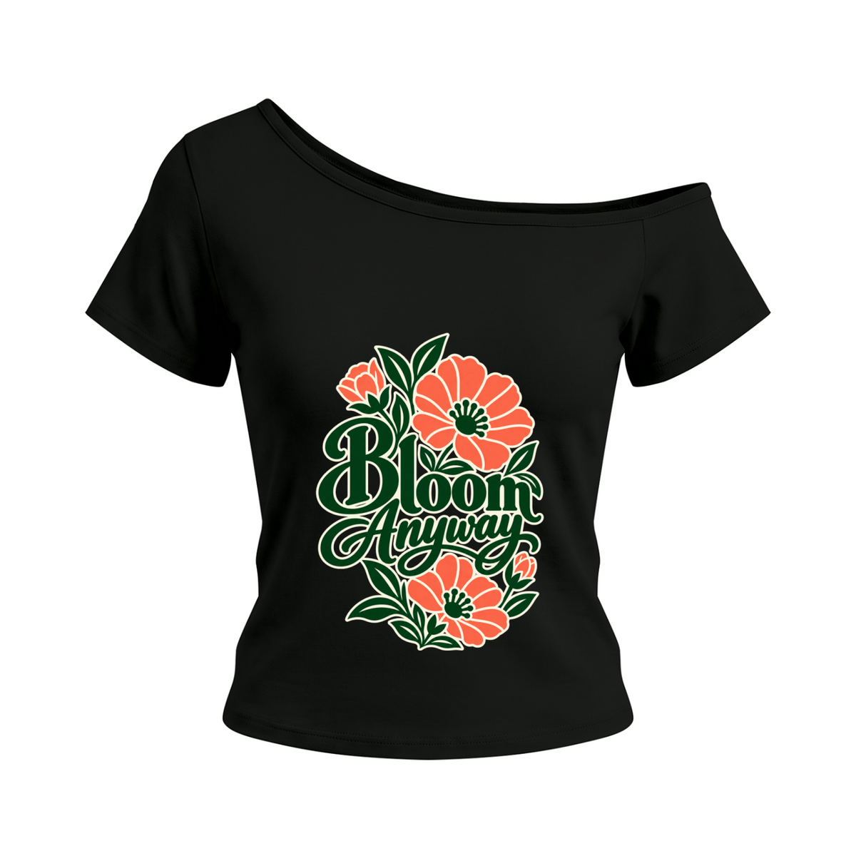 Bloom Anyway women’s off-the-shoulder T-shirt in Black – front mockup