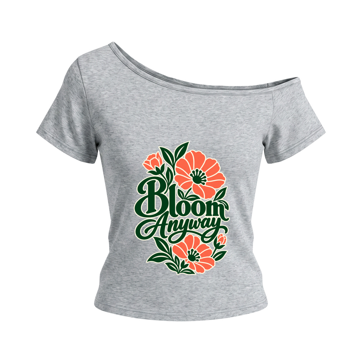 Bloom Anyway women’s off-the-shoulder T-shirt in Flower Gray – front mockup