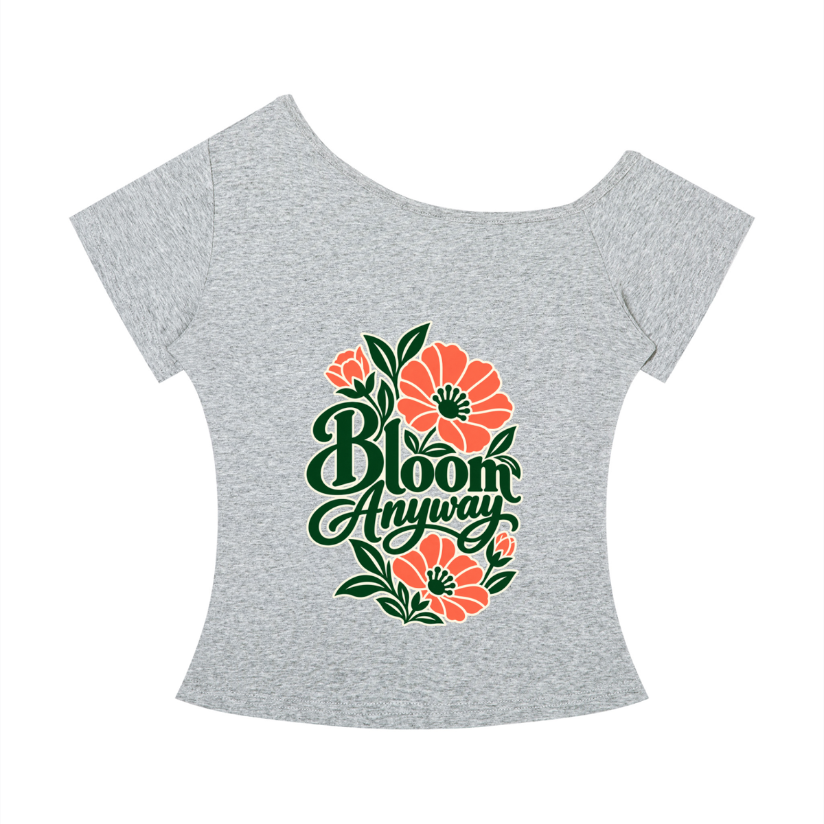 Bloom Anyway women’s off-the-shoulder T-shirt in Flower Gray – front
