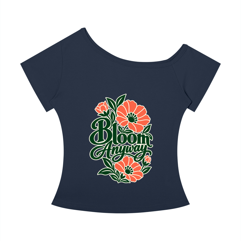 Bloom Anyway women’s off-the-shoulder T-shirt in Navy Blue – front