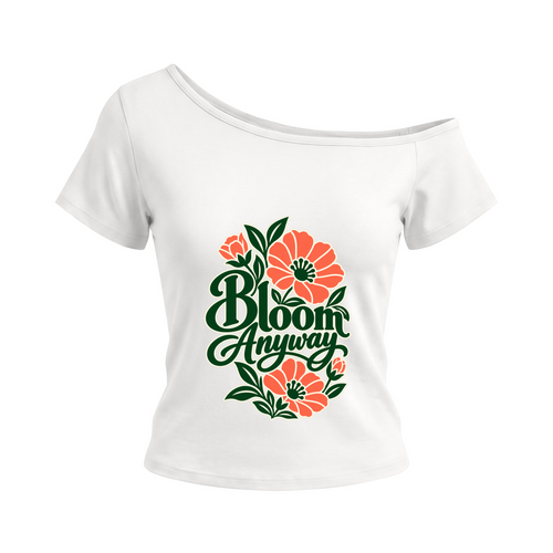 Bloom Anyway women’s off-the-shoulder T-shirt in White – front mockup
