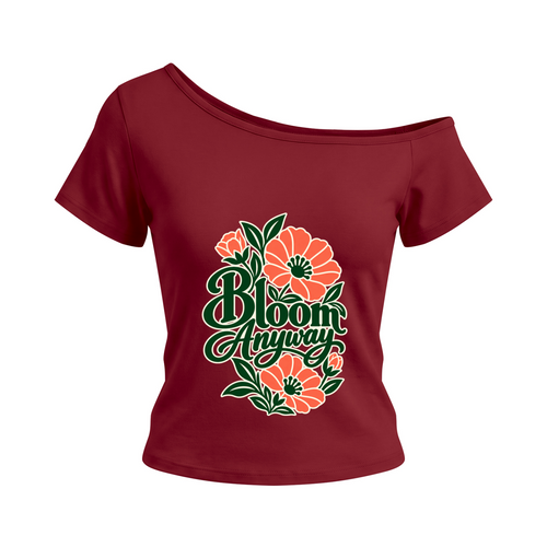 Bloom Anyway women’s off-the-shoulder T-shirt in Wine Red – front mockup