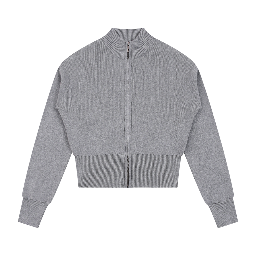 Women’s mock-neck zip-up cardigan in flower grey