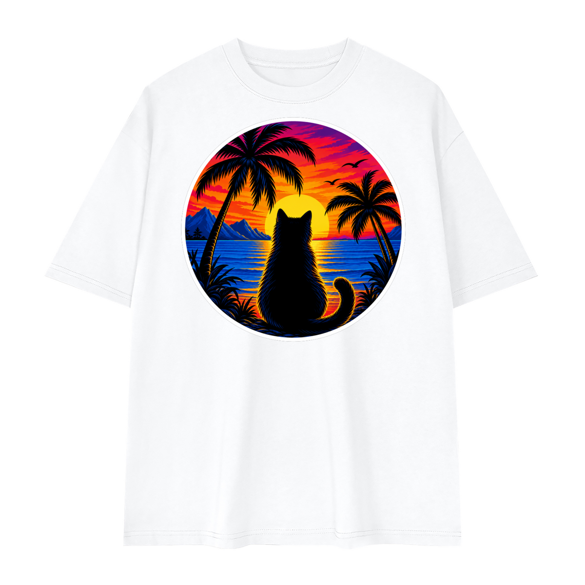 Tropical Sunset Cat Unisex Loose Drop Shoulder T-Shirt