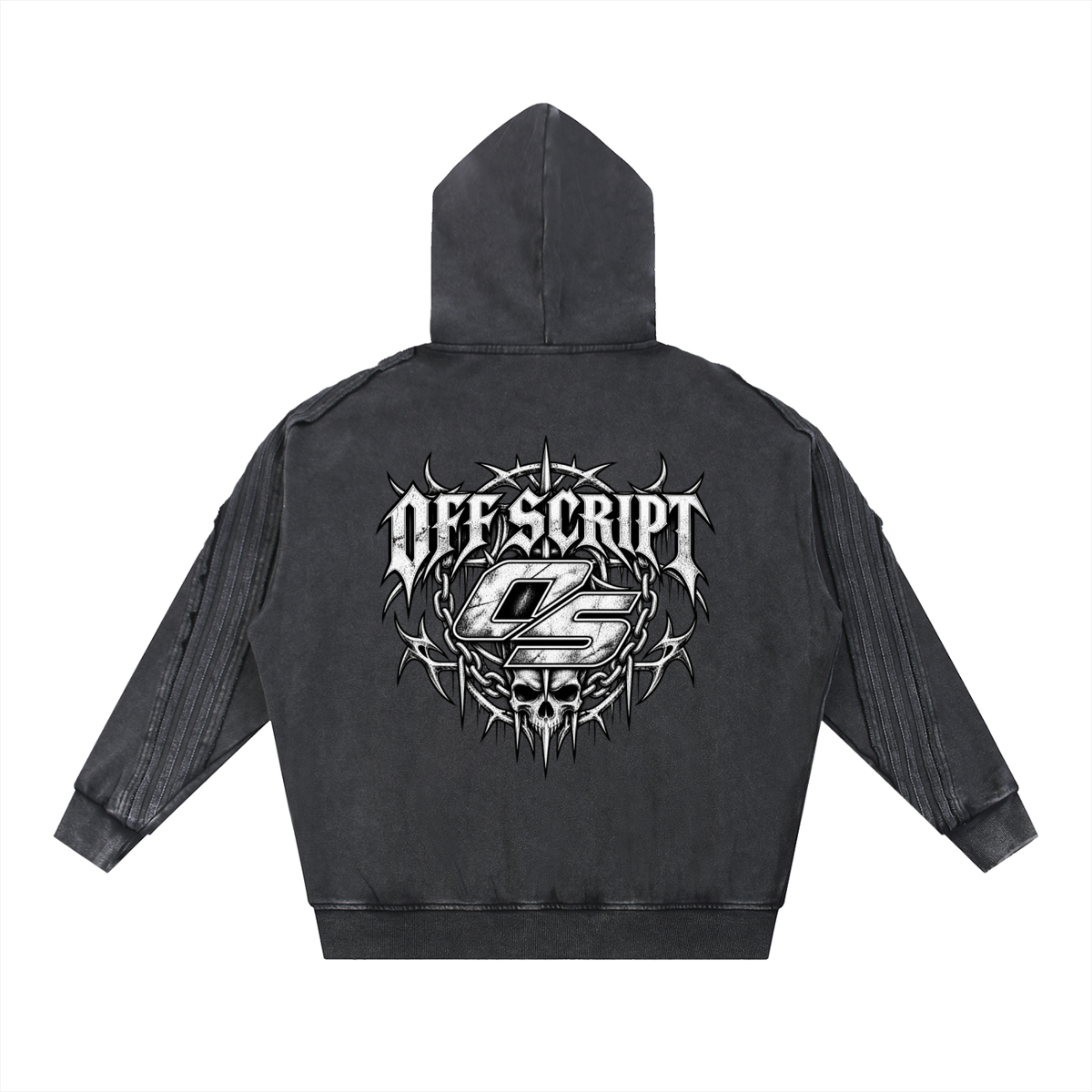 Black Off Script Snow-Washed Tape Raw-Edge Zip Hoodie