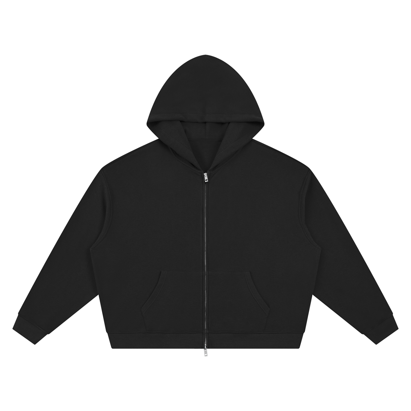 Unisex Waffle Boxy Full-Zip Hoodie in Black — front view
