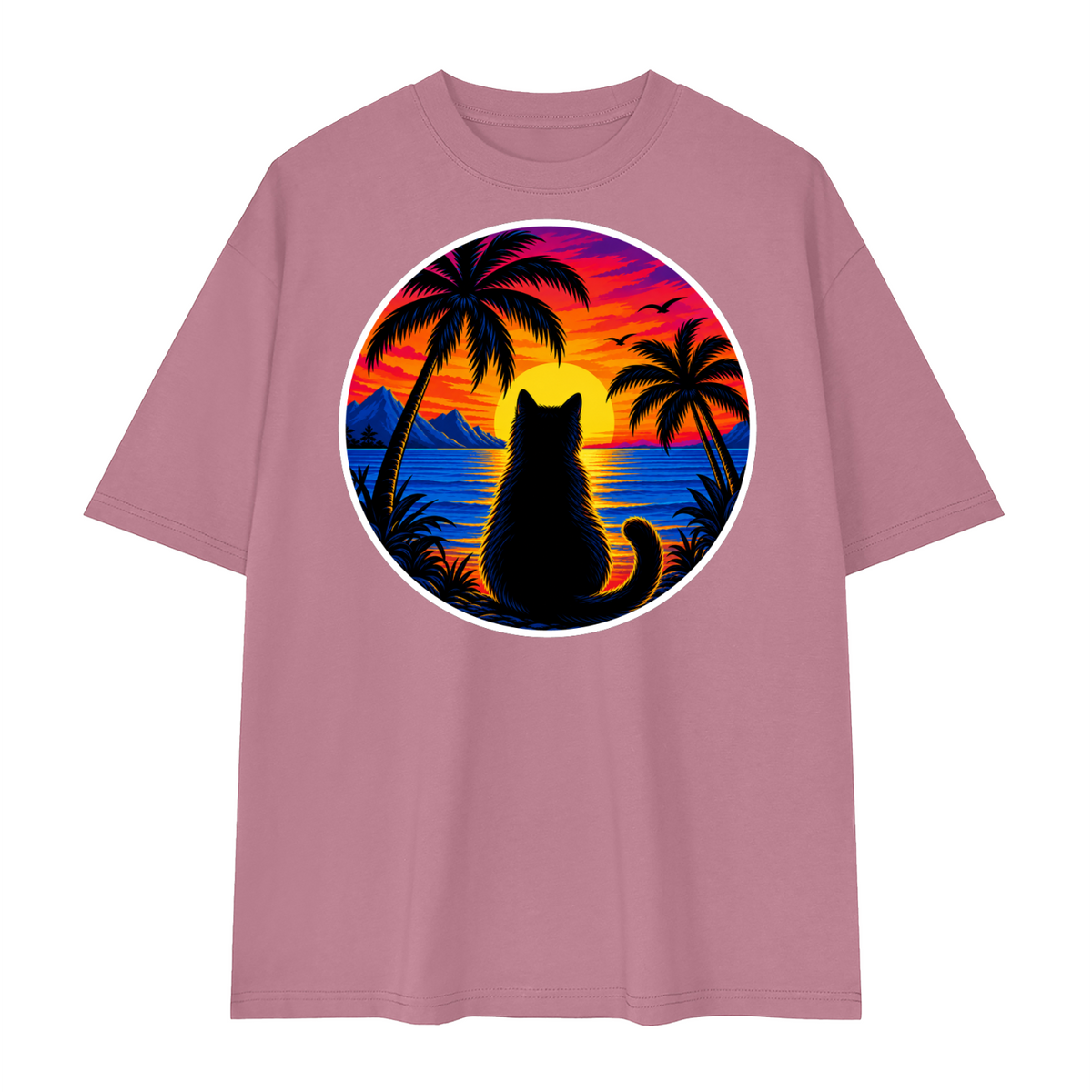Tropical Sunset Cat Unisex Loose Drop Shoulder T-Shirt