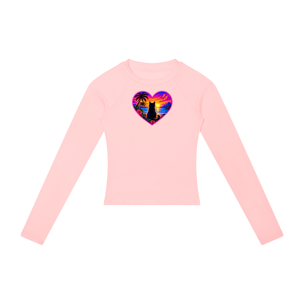 Sunset Cat Heart Women's Raglan Long Sleeve Crop T-Shirt