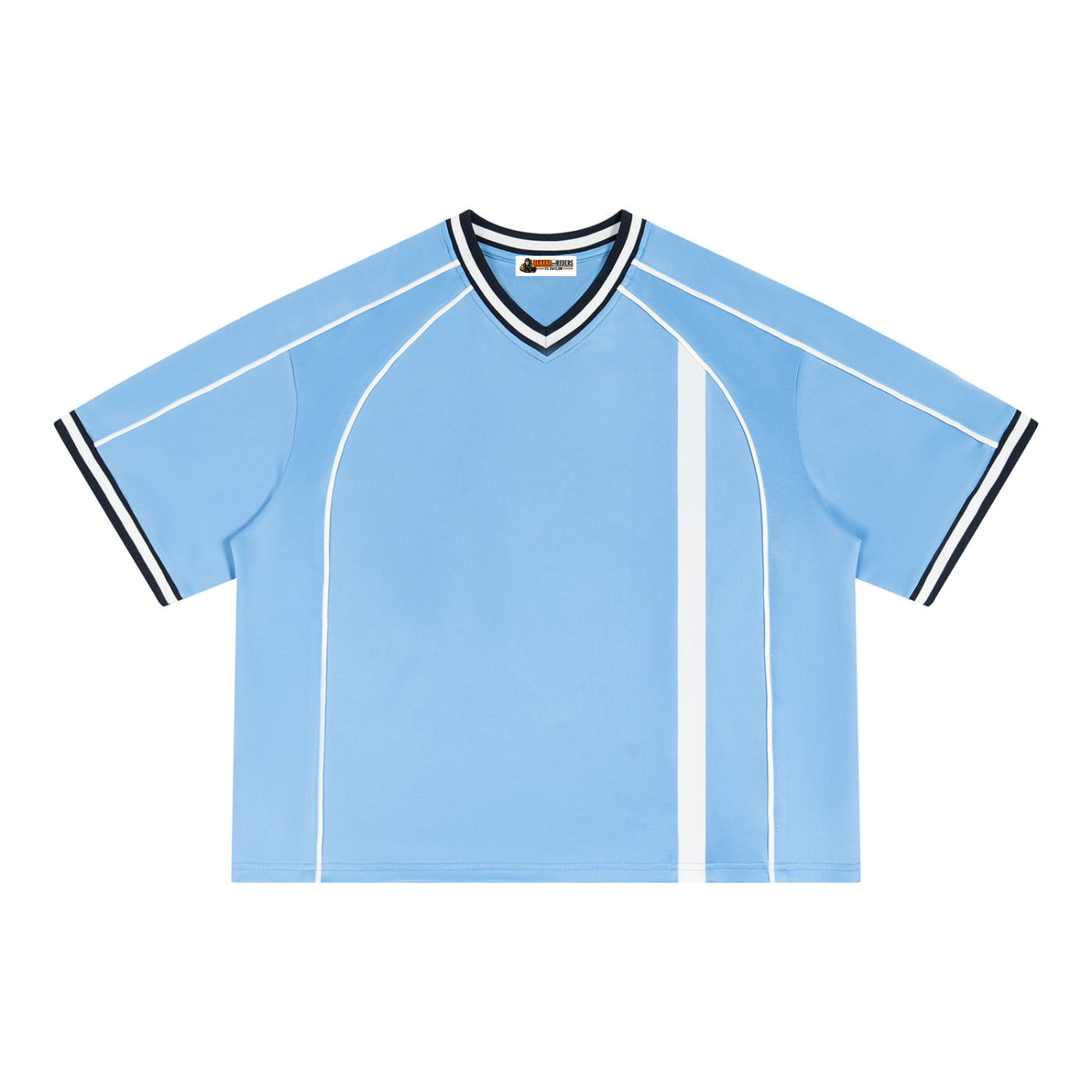 Unisex boxy V-neck soccer jersey in sky blue with white