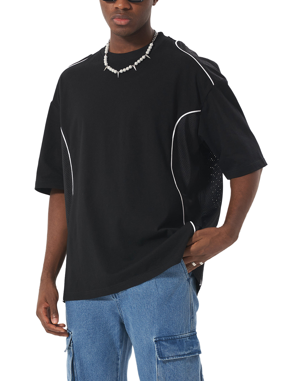 Black Contrast Piped Panel T-Shirt on model casual front view