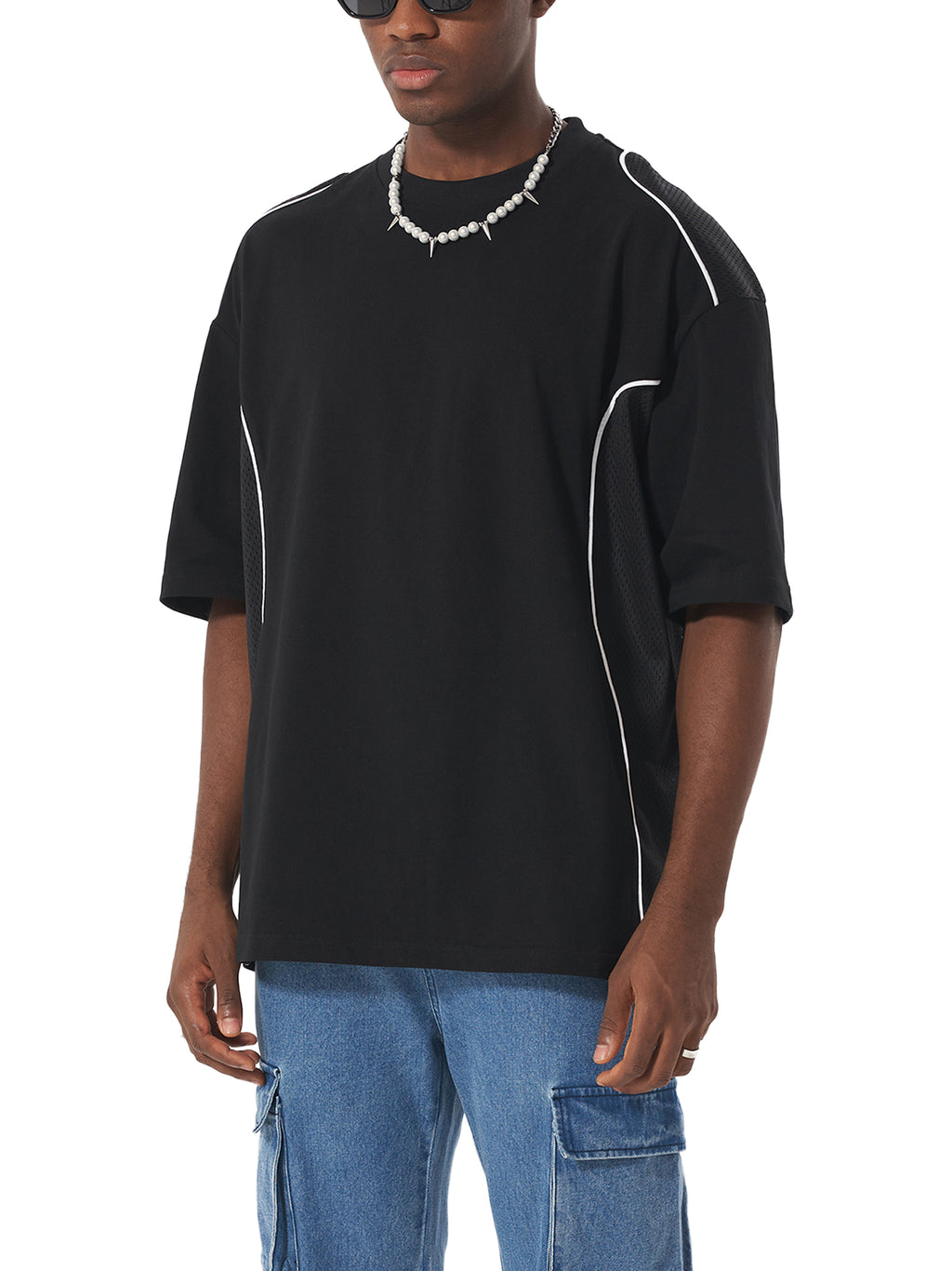 Black Contrast Piped Panel T-Shirt on model angled view