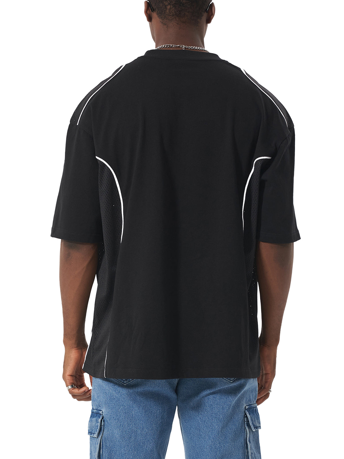 Black Contrast Piped Panel T-Shirt on model back view
