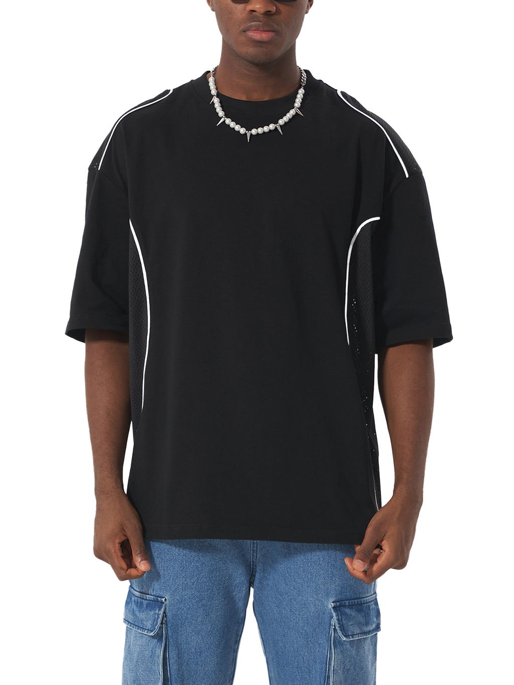 Black Contrast Piped Panel T-Shirt on model front view