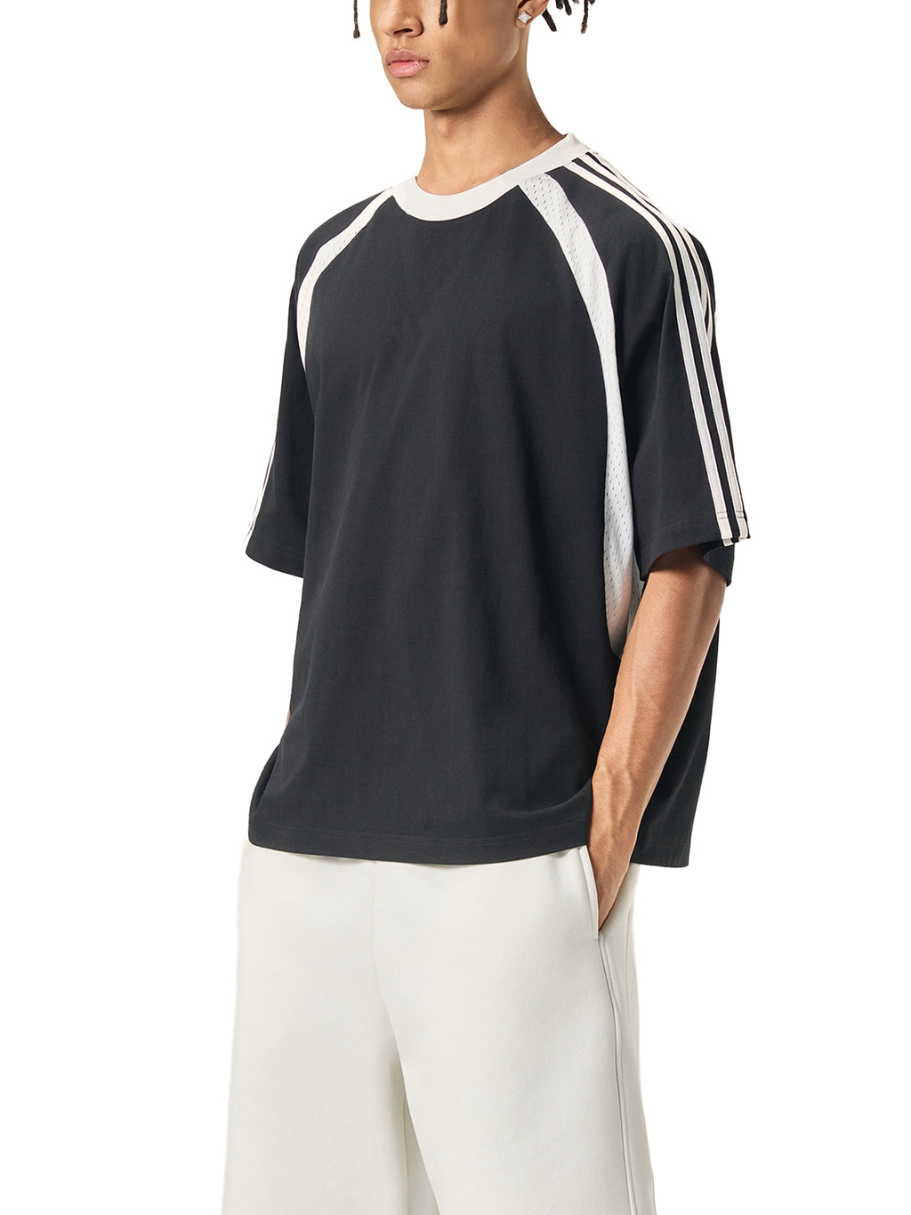 Black with White Contrast Stripes Panel Mesh T-Shirt on model angled view