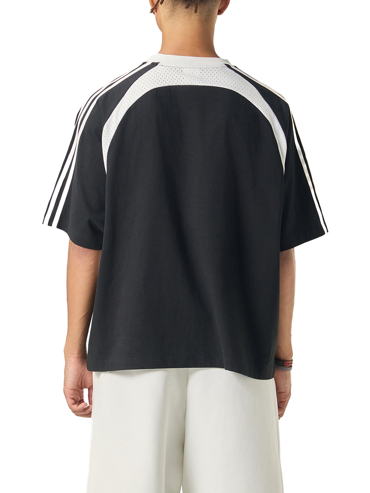 Black with White Contrast Stripes Panel Mesh T-Shirt on model back side view