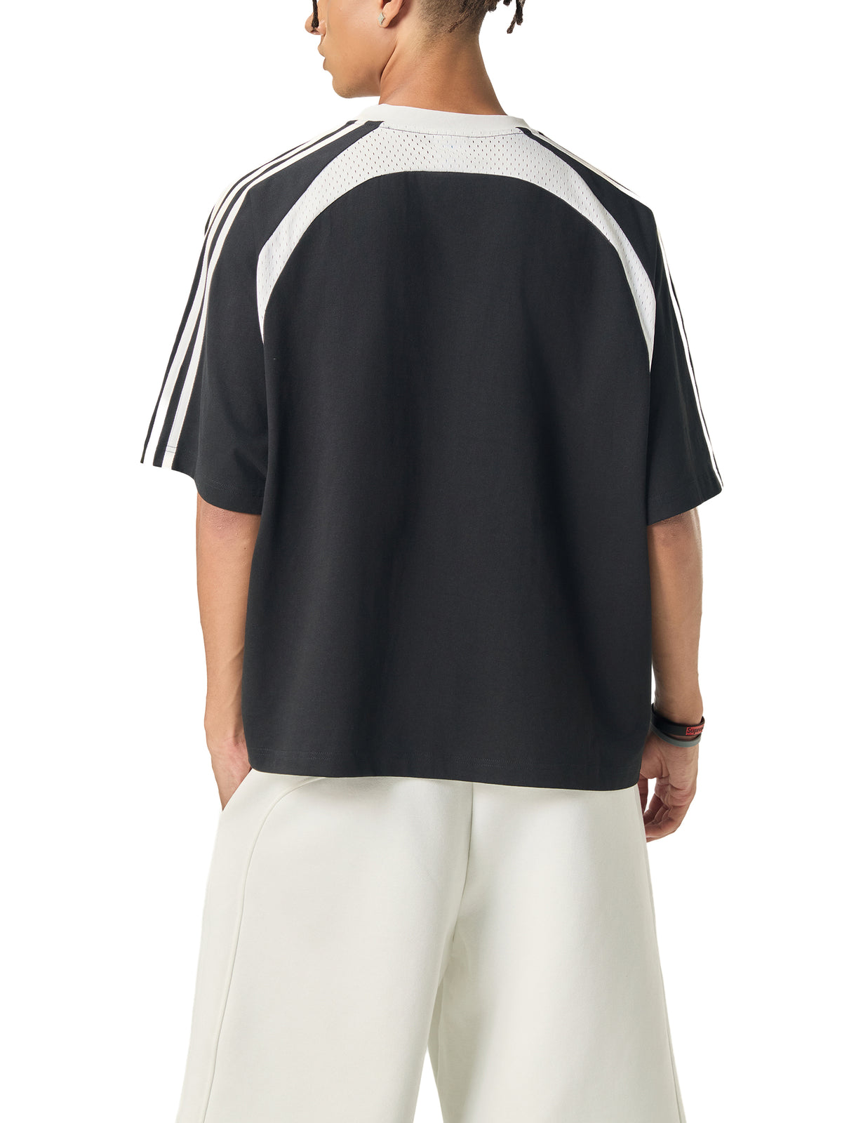 Black with White Contrast Stripes Panel Mesh T-Shirt on model back view