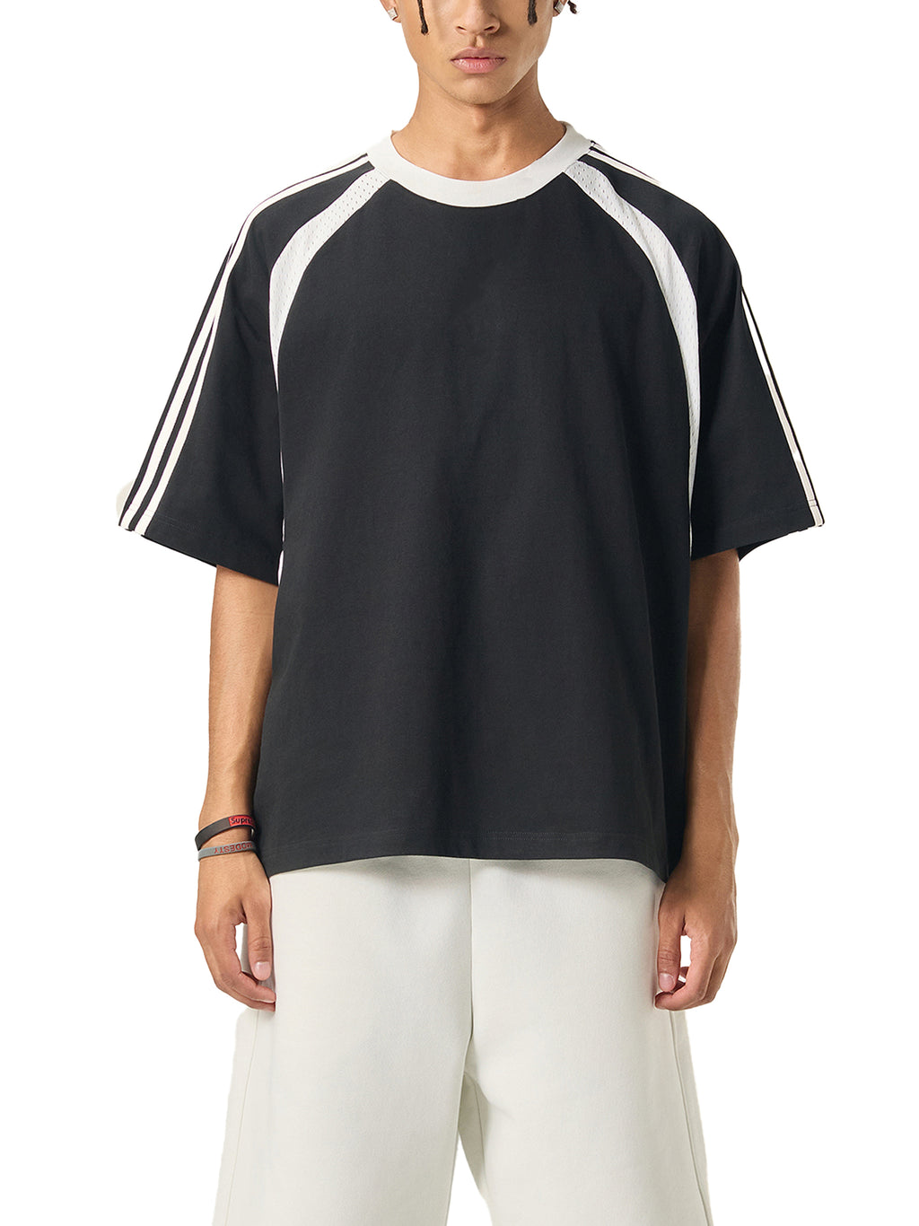 Black with White Contrast Stripes Panel Mesh T-Shirt on model front view