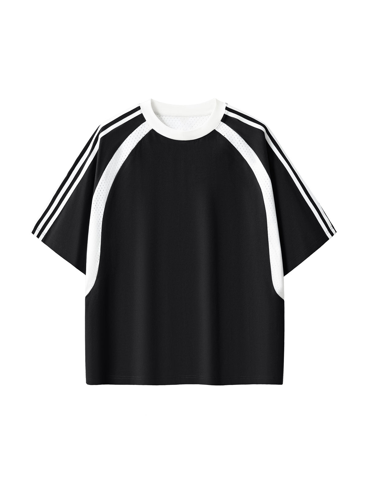Black with White Contrast Stripes Panel Mesh T-Shirt front product view