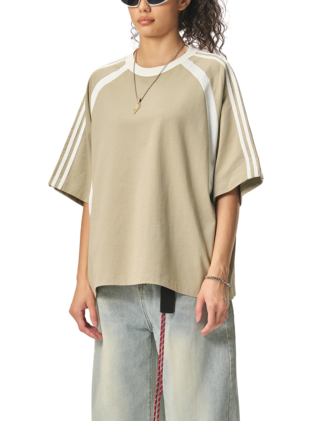 Grey Green with White Unisex Contrast-Stripe Panel Mesh T-Shirt on model angled view