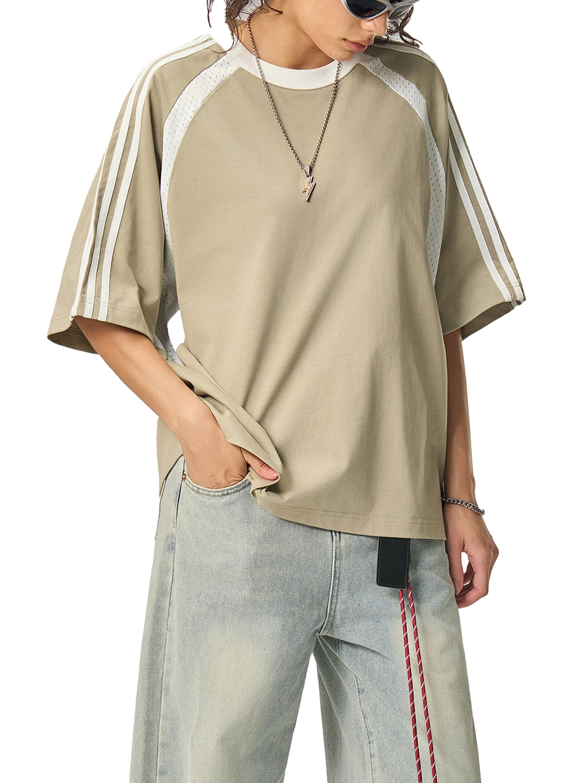 Grey Green with White Unisex Contrast-Stripe Panel Mesh T-Shirt on model casual view