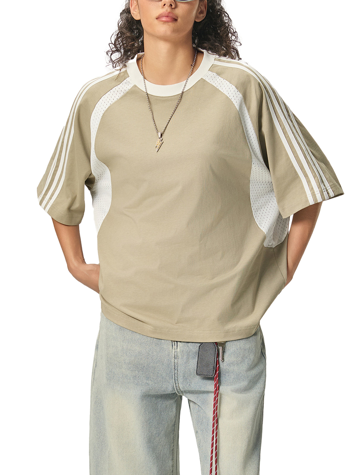 Grey Green with White Unisex Contrast-Stripe Panel Mesh T-Shirt on model front pose