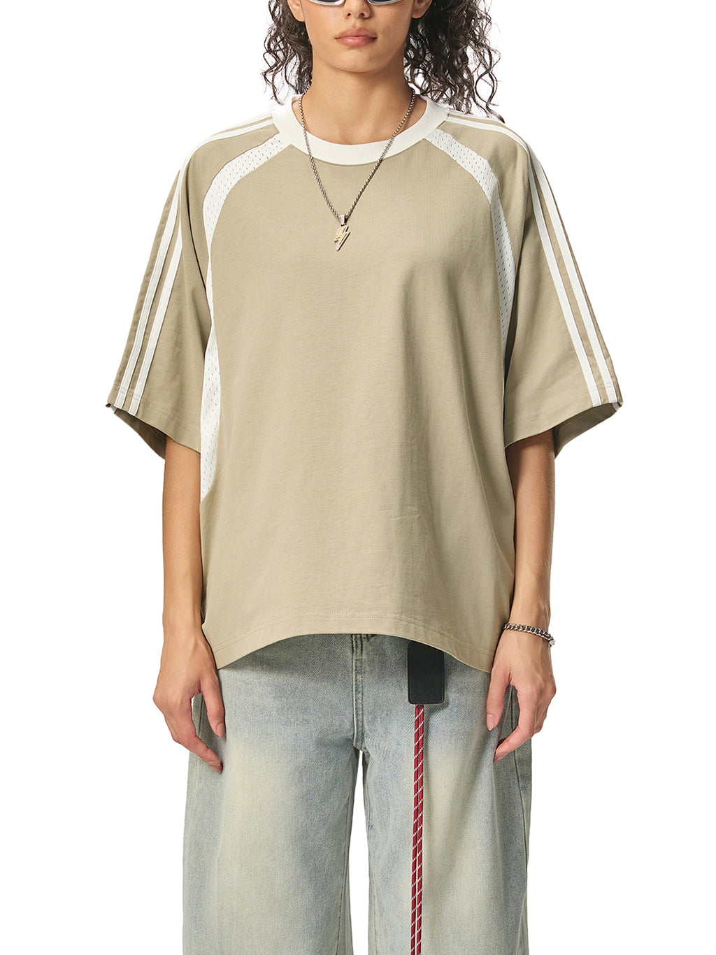 Grey Green with White Unisex Contrast-Stripe Panel Mesh T-Shirt on model front view