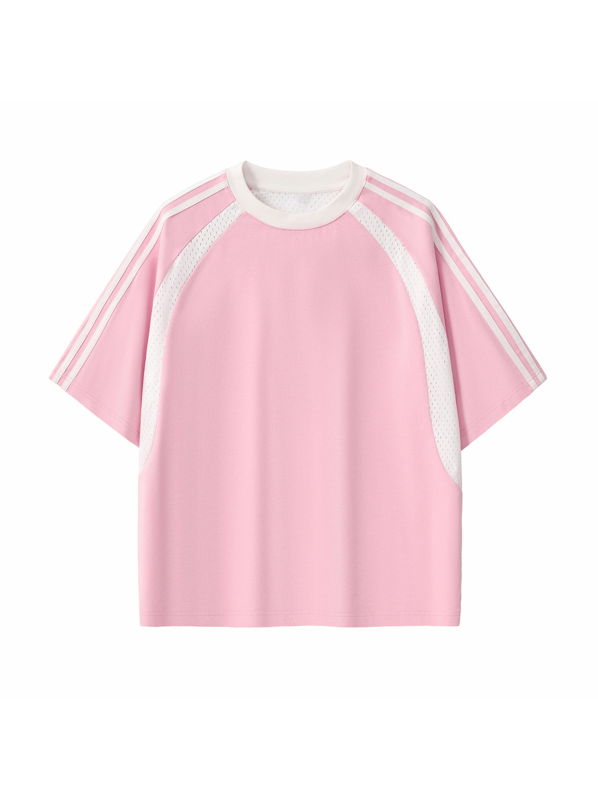 Pink with White Contrast Stripes Panel Mesh T-Shirt front product view