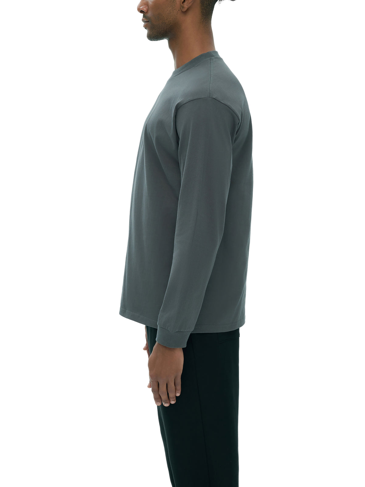 Off Script Crew Neck Drop Shoulder Long Sleeve Shirt - Dark Gray male model side view