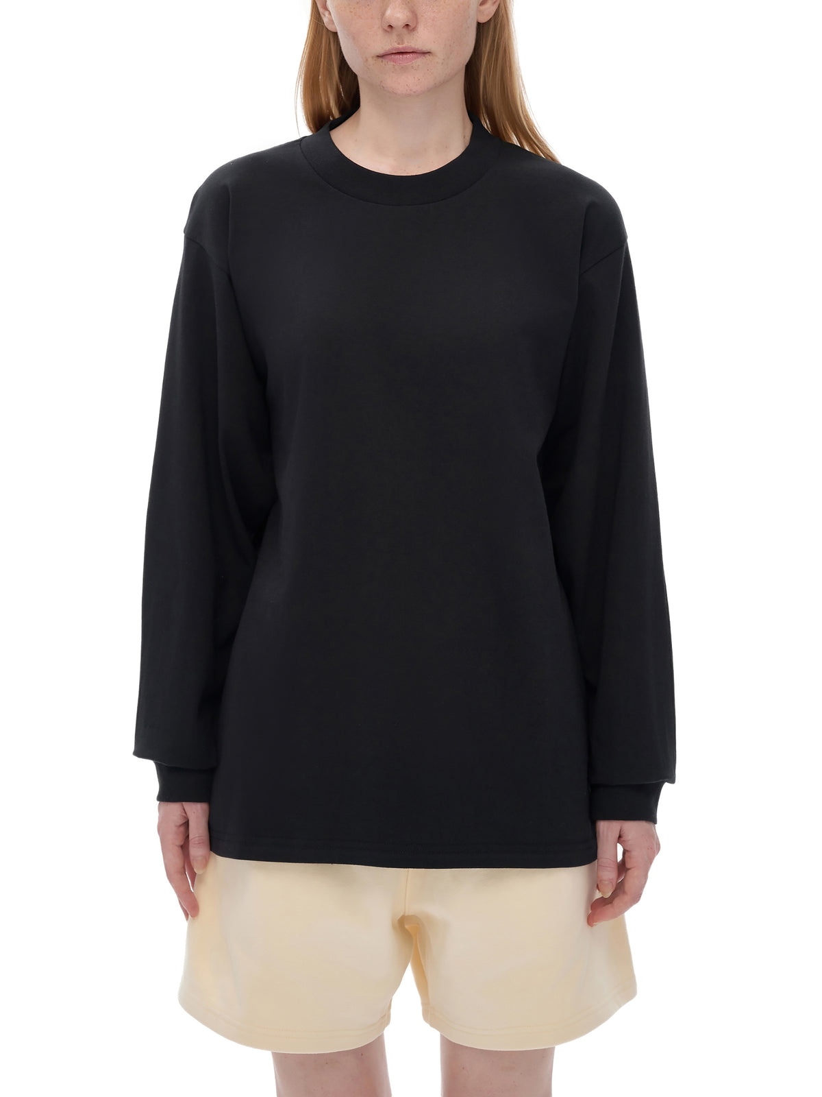 Off Script Crew Neck Drop Shoulder Long Sleeve Shirt - Black female model front view