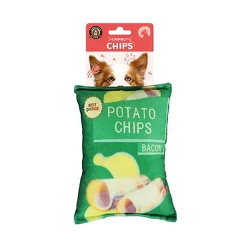 Green crinkly potato chips dog toy