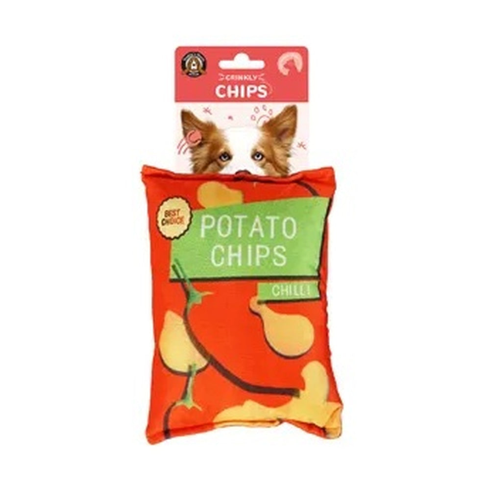 Orange crinkly potato chips dog toy