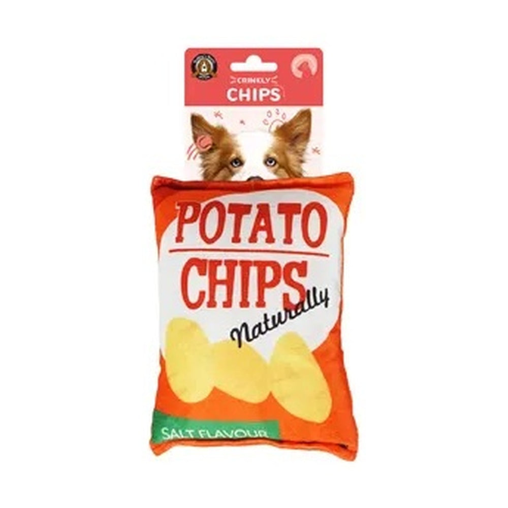Red crinkly potato chips dog toy