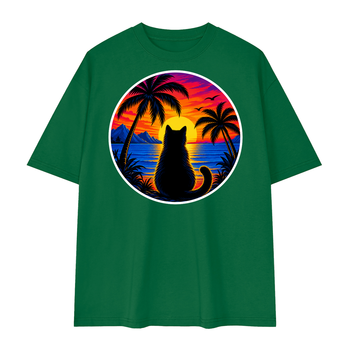 Tropical Sunset Cat Unisex Loose Drop Shoulder T-Shirt